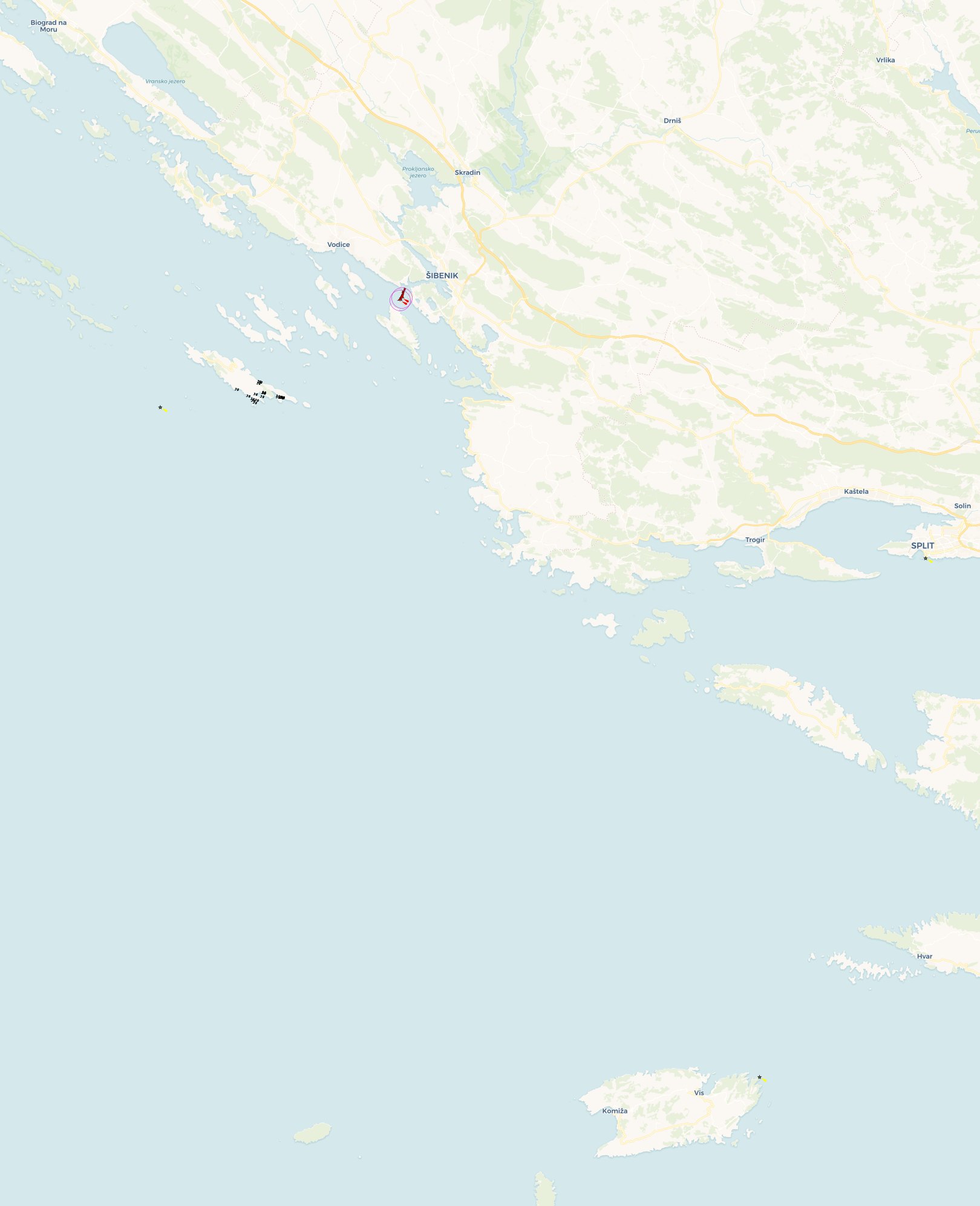 Nautical route map of the Lazarus trip: Marina Pirovac south to Šolta, the Pakleni islands and Vis, back up via Mali Drvenik and Primošten, then a day-sail out to Vrgada.